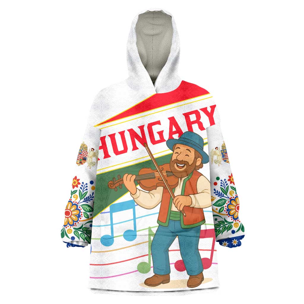 Hungary Wearable Blanket Hoodie with Folk Musician Illustration Design and Traditional Floral - Wonder Print Shop