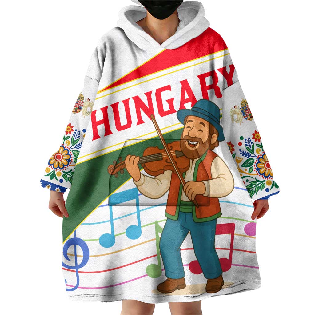 Hungary Wearable Blanket Hoodie with Folk Musician Illustration Design and Traditional Floral - Wonder Print Shop