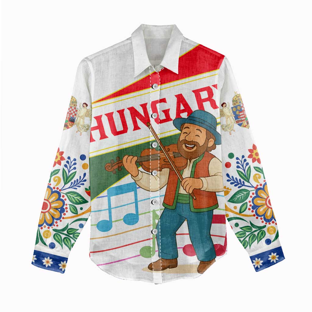 Hungary Women Casual Shirt with Folk Musician Illustration Design and Traditional Floral - Wonder Print Shop