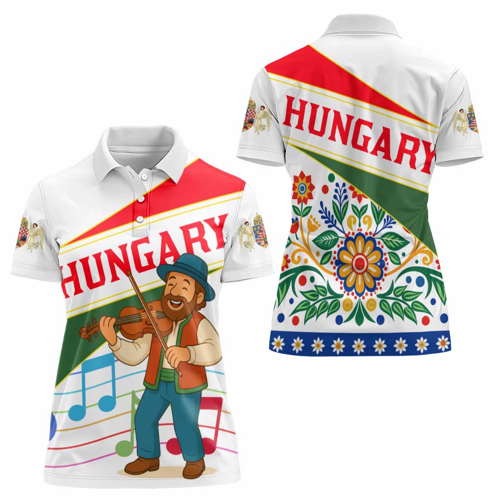 Hungary Women Polo Shirt with Folk Musician Illustration Design and Traditional Floral - Wonder Print Shop