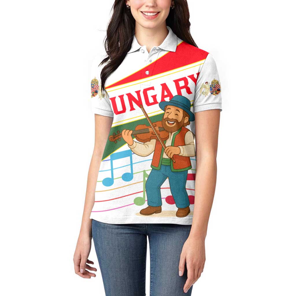 Hungary Women Polo Shirt with Folk Musician Illustration Design and Traditional Floral - Wonder Print Shop