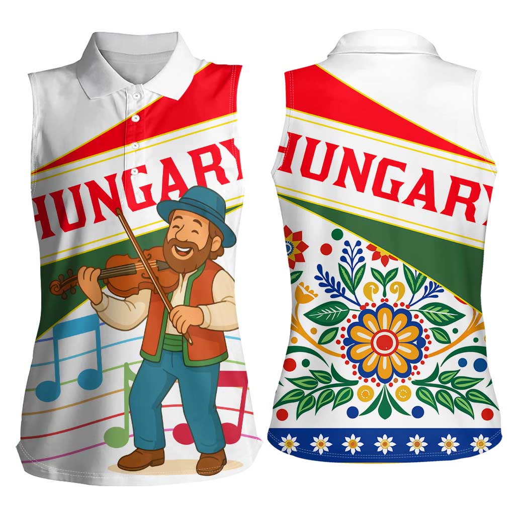Hungary Women Sleeveless Polo Shirt with Folk Musician Illustration Design and Traditional Floral - Wonder Print Shop