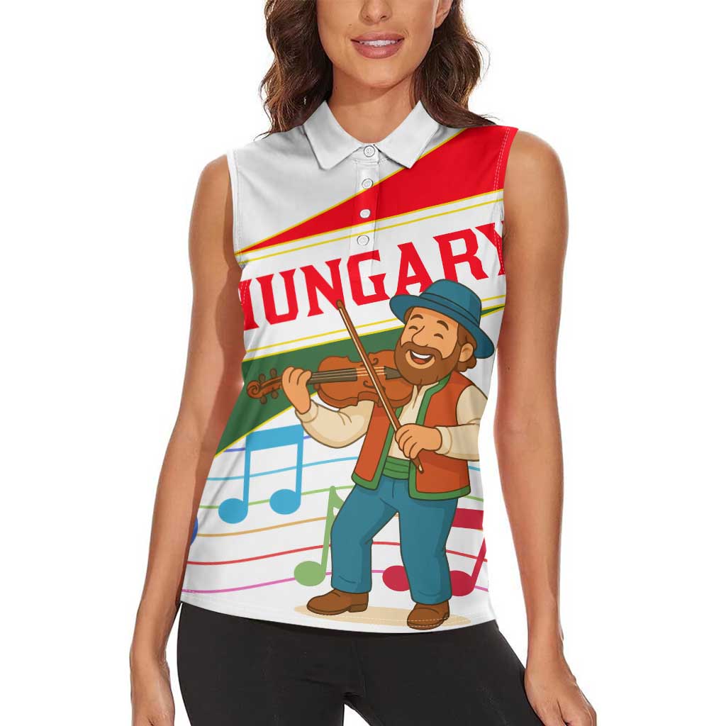 Hungary Women Sleeveless Polo Shirt with Folk Musician Illustration Design and Traditional Floral - Wonder Print Shop