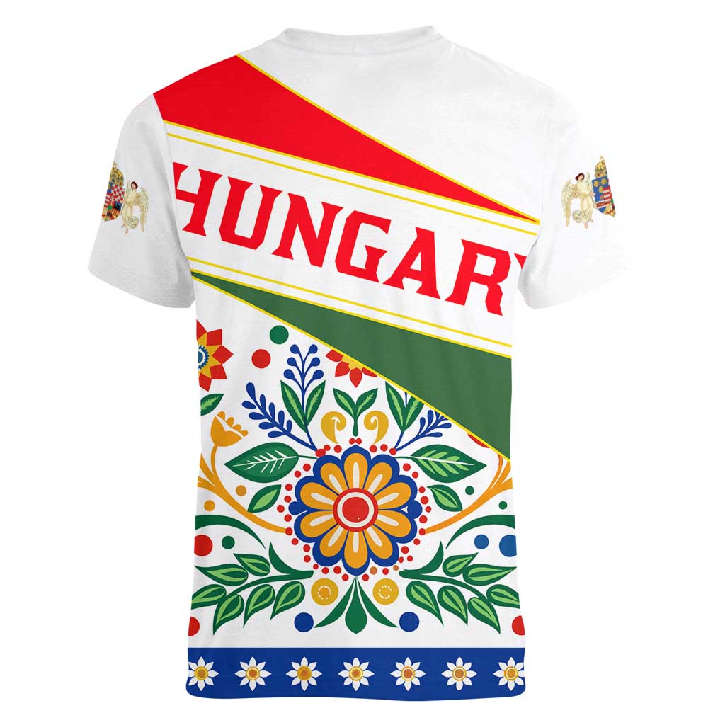 Hungary Women V-Neck T-Shirt with Folk Musician Illustration Design and Traditional Floral - Wonder Print Shop