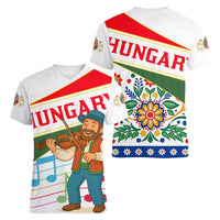 Hungary Women V-Neck T-Shirt with Folk Musician Illustration Design and Traditional Floral - Wonder Print Shop