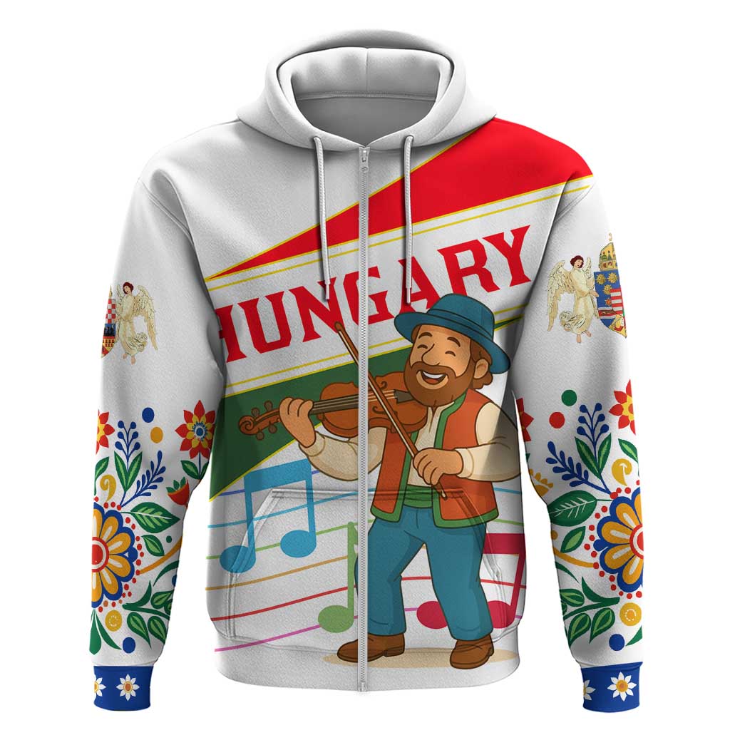Hungary Zip Hoodie with Folk Musician Illustration Design and Traditional Floral - Wonder Print Shop
