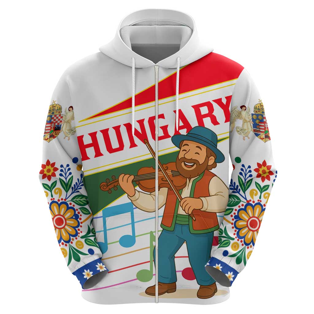 Hungary Zip Hoodie with Folk Musician Illustration Design and Traditional Floral - Wonder Print Shop