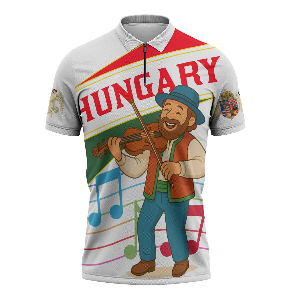 Hungary Zipper Polo Shirt with Folk Musician Illustration Design and Traditional Floral - Wonder Print Shop