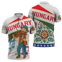 Hungary Zipper Polo Shirt with Folk Musician Illustration Design and Traditional Floral - Wonder Print Shop