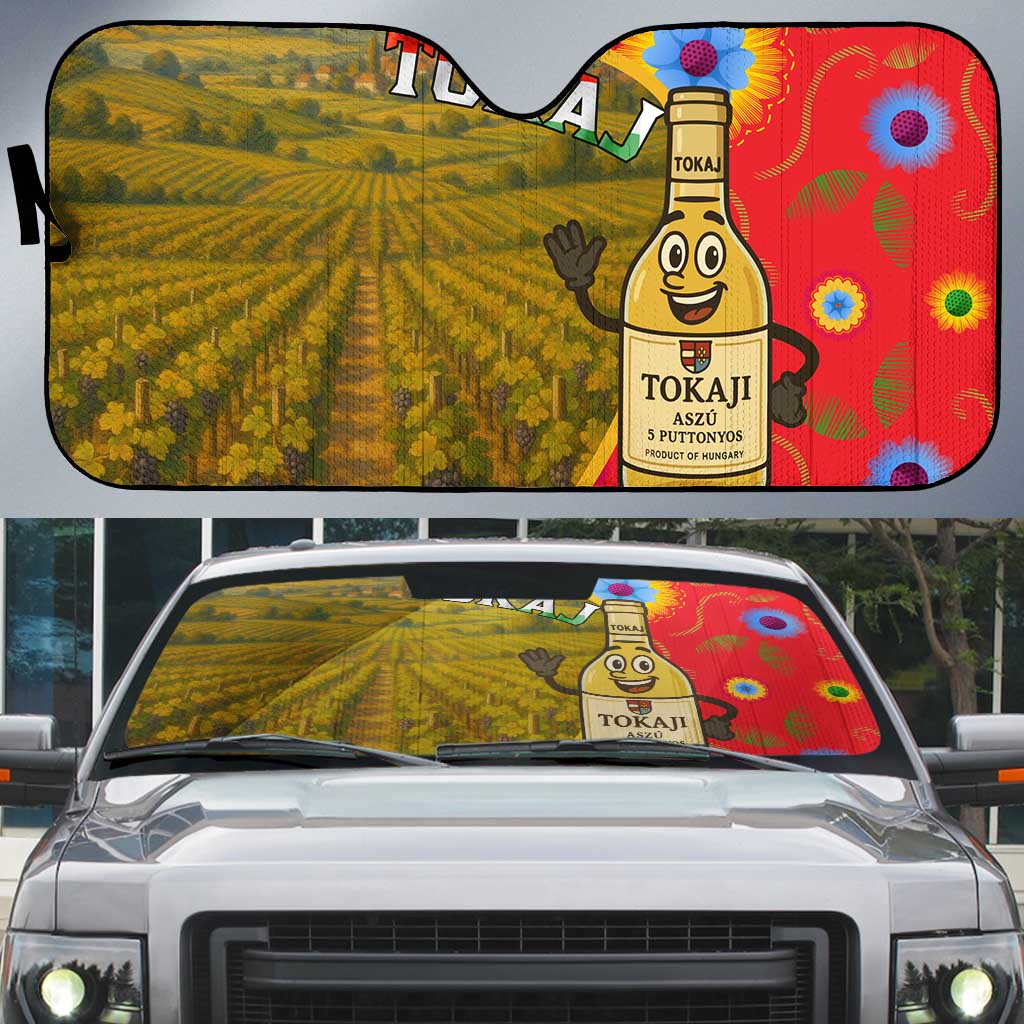 Hungary Auto Sun Shade with Tokaj Vineyard Illustration Design and Grape Wine - Wonder Print Shop