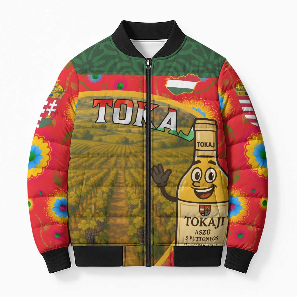 Hungary Bomber Puffer Jacket with Tokaj Vineyard Illustration Design and Grape Wine - Wonder Print Shop