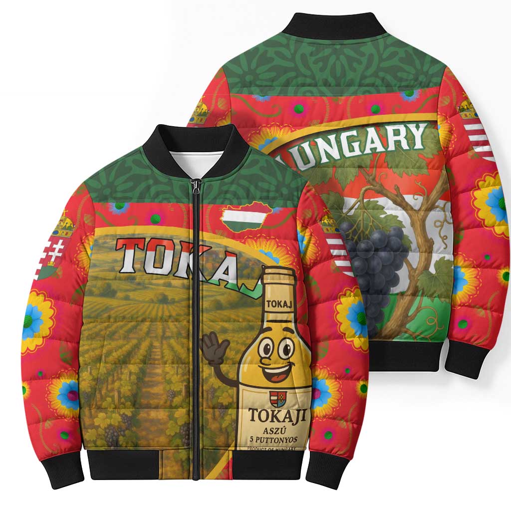 Hungary Bomber Puffer Jacket with Tokaj Vineyard Illustration Design and Grape Wine - Wonder Print Shop