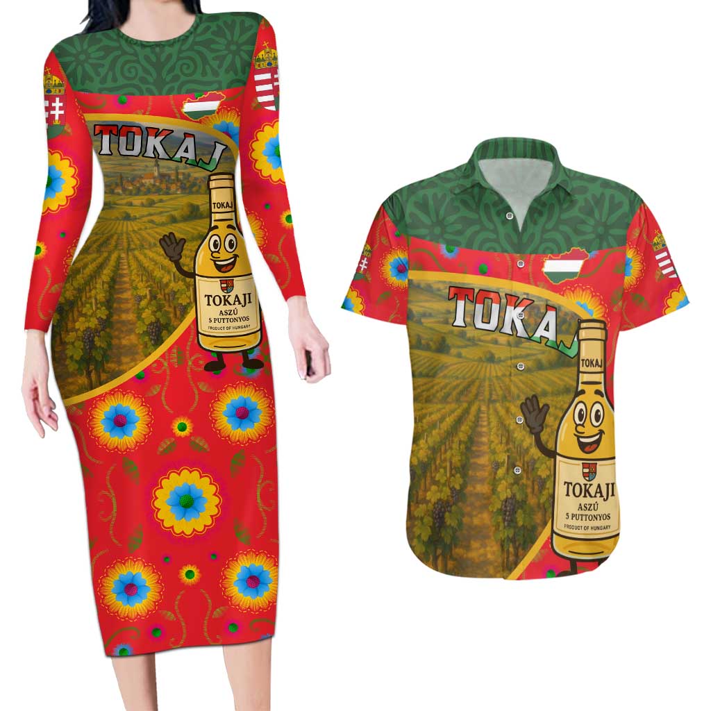 Hungary Couples Matching Long Sleeve Bodycon Dress and Hawaiian Shirt with Tokaj Vineyard Illustration Design and Grape Wine - Wonder Print Shop