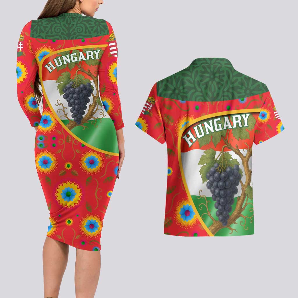 Hungary Couples Matching Long Sleeve Bodycon Dress and Hawaiian Shirt with Tokaj Vineyard Illustration Design and Grape Wine - Wonder Print Shop