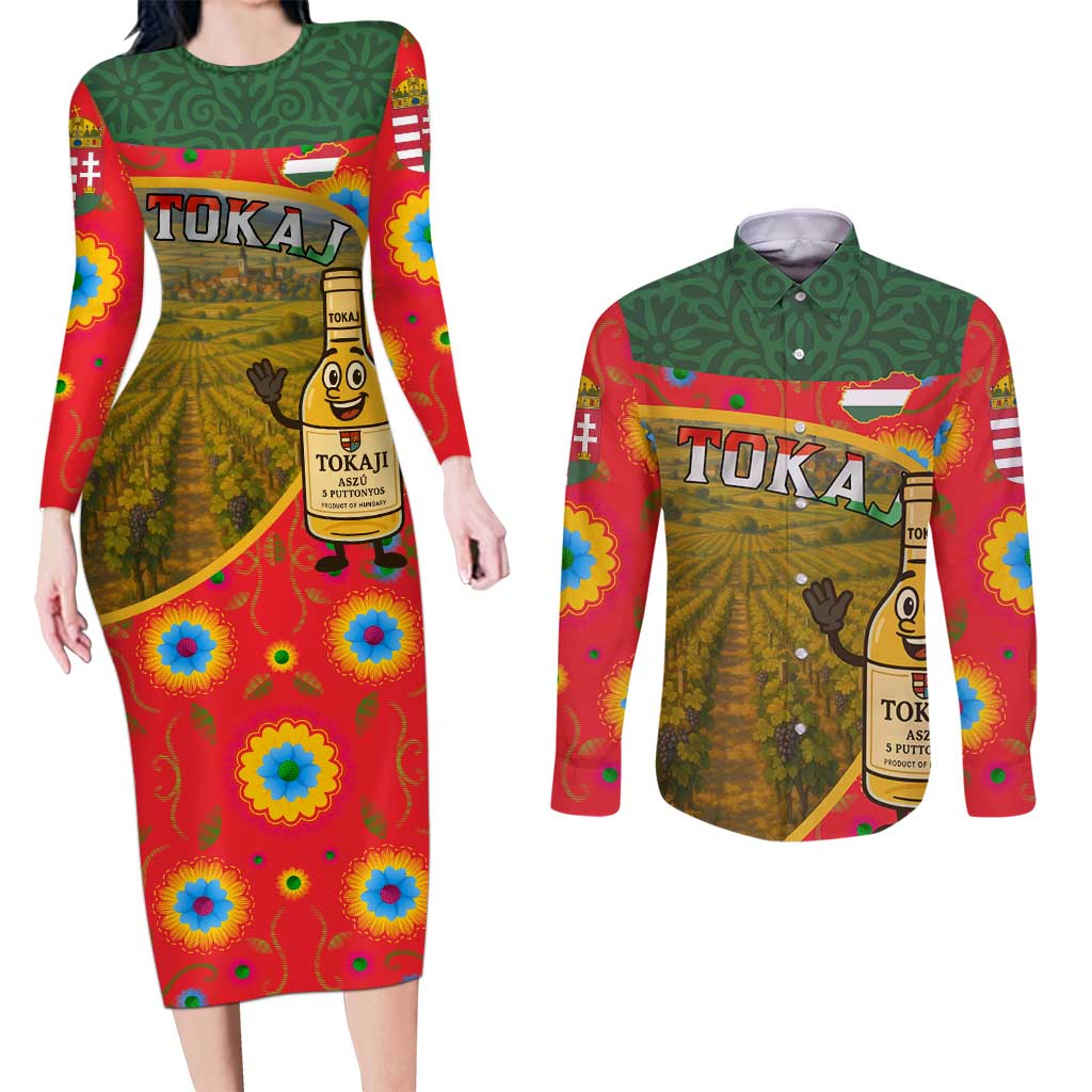 Hungary Couples Matching Long Sleeve Bodycon Dress and Long Sleeve Button Shirt with Tokaj Vineyard Illustration Design and Grape Wine - Wonder Print Shop