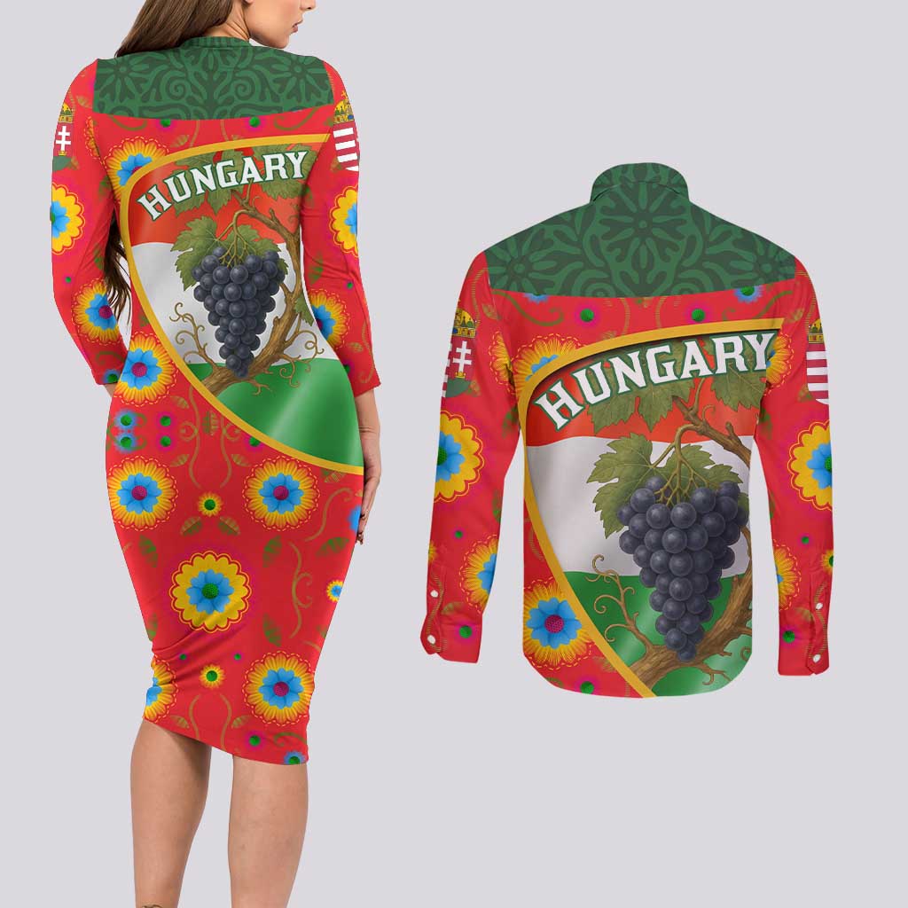 Hungary Couples Matching Long Sleeve Bodycon Dress and Long Sleeve Button Shirt with Tokaj Vineyard Illustration Design and Grape Wine - Wonder Print Shop