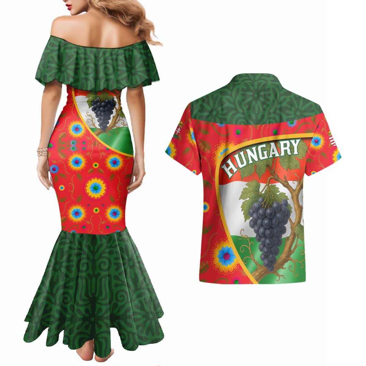 Hungary Couples Matching Mermaid Dress and Hawaiian Shirt with Tokaj Vineyard Illustration Design and Grape Wine - Wonder Print Shop