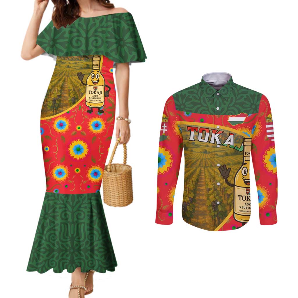 Hungary Couples Matching Mermaid Dress and Long Sleeve Button Shirt with Tokaj Vineyard Illustration Design and Grape Wine - Wonder Print Shop