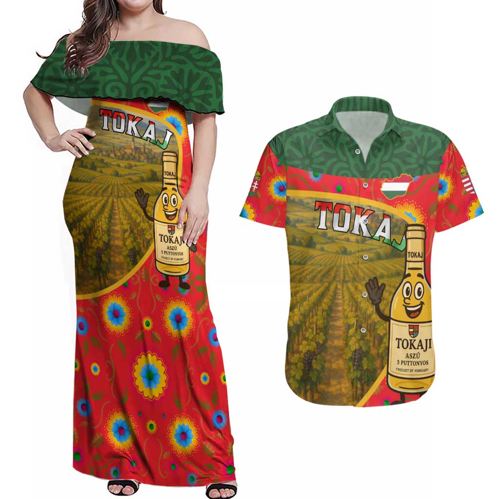 Hungary Couples Matching Off Shoulder Maxi Dress and Hawaiian Shirt with Tokaj Vineyard Illustration Design and Grape Wine - Wonder Print Shop