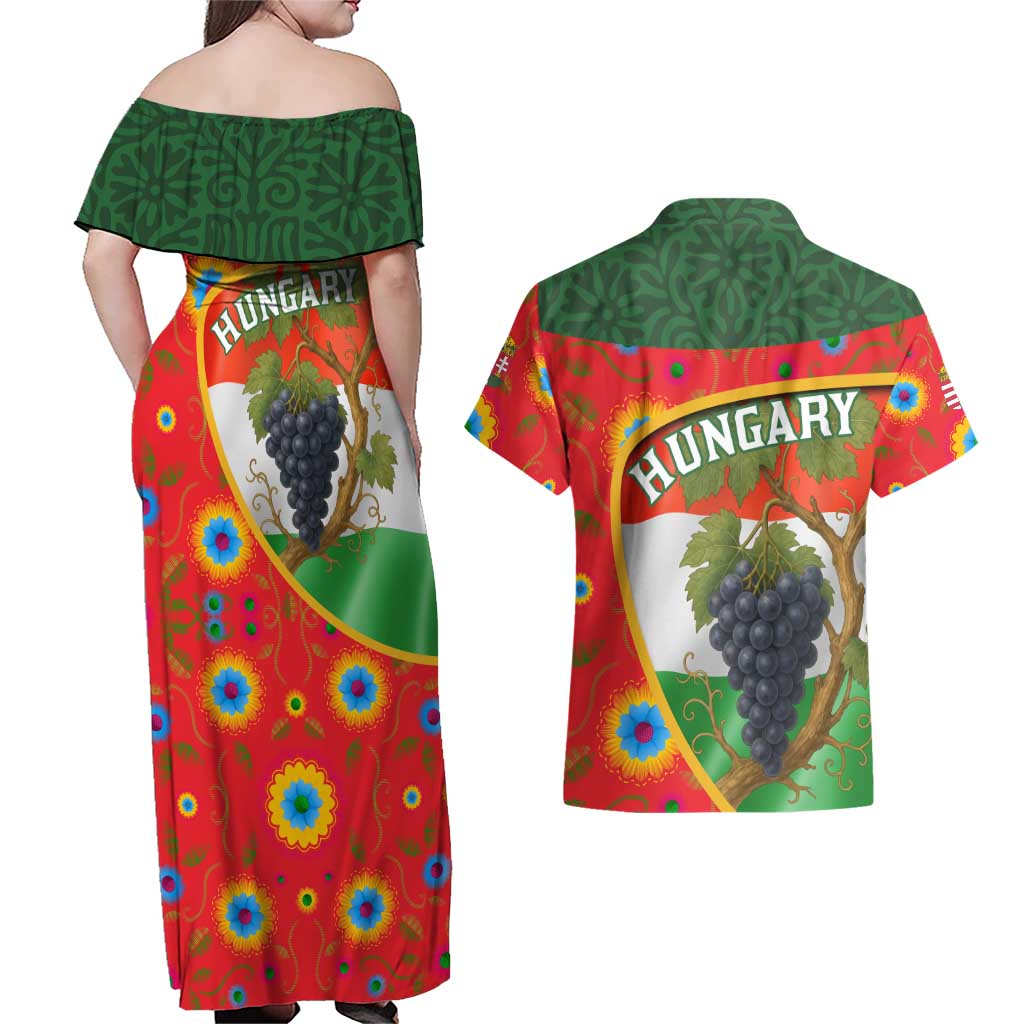 Hungary Couples Matching Off Shoulder Maxi Dress and Hawaiian Shirt with Tokaj Vineyard Illustration Design and Grape Wine - Wonder Print Shop