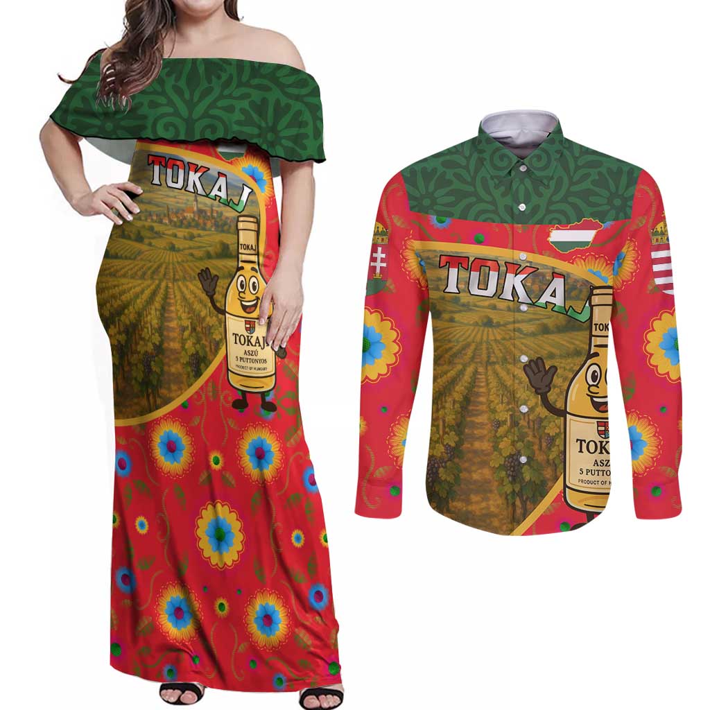 Hungary Couples Matching Off Shoulder Maxi Dress and Long Sleeve Button Shirt with Tokaj Vineyard Illustration Design and Grape Wine - Wonder Print Shop