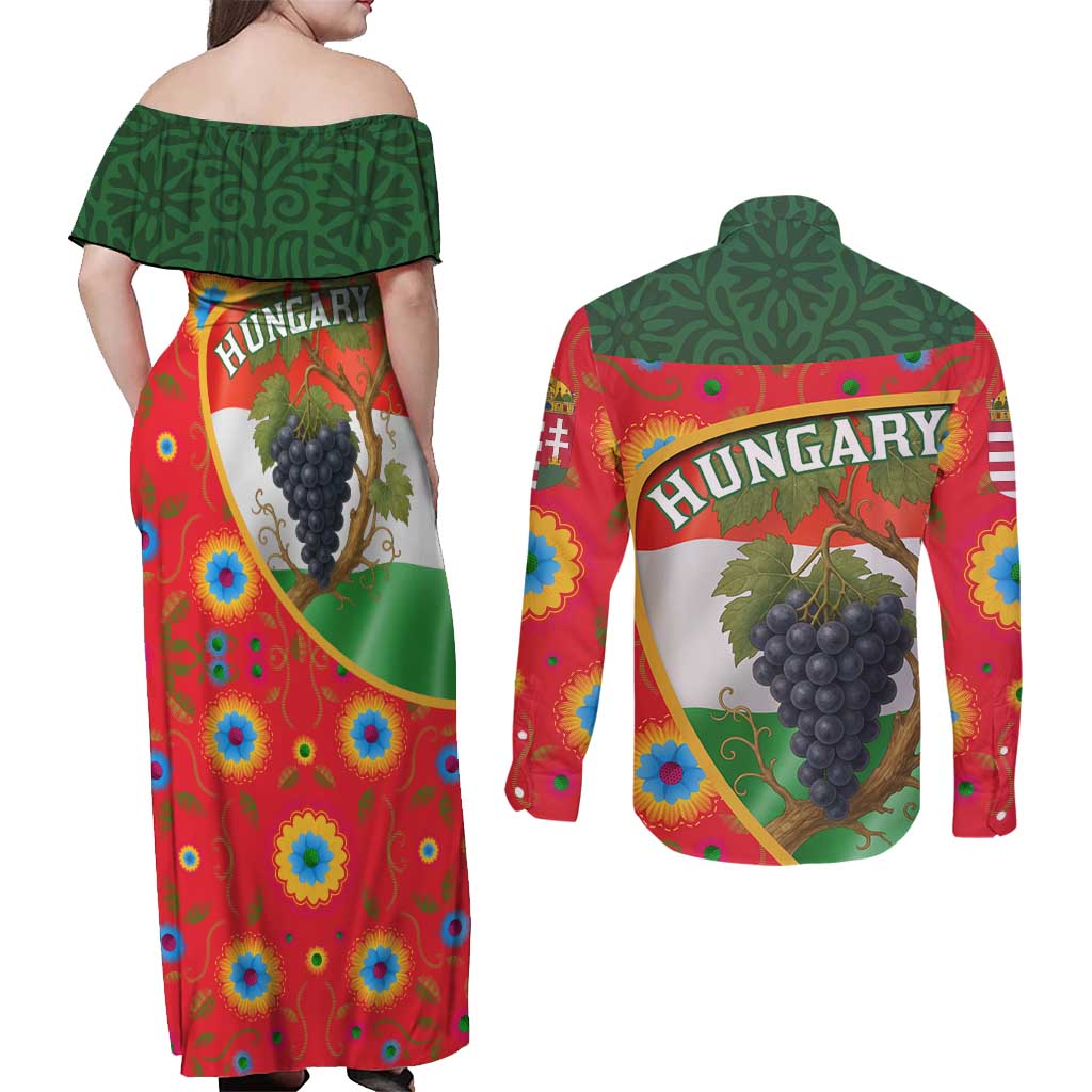 Hungary Couples Matching Off Shoulder Maxi Dress and Long Sleeve Button Shirt with Tokaj Vineyard Illustration Design and Grape Wine - Wonder Print Shop