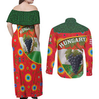 Hungary Couples Matching Off Shoulder Maxi Dress and Long Sleeve Button Shirt with Tokaj Vineyard Illustration Design and Grape Wine - Wonder Print Shop