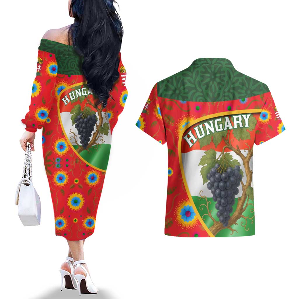 Hungary Couples Matching Off The Shoulder Long Sleeve Dress and Hawaiian Shirt with Tokaj Vineyard Illustration Design and Grape Wine - Wonder Print Shop