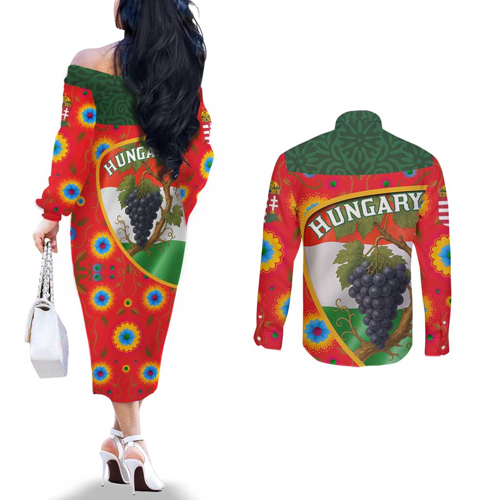 Hungary Couples Matching Off The Shoulder Long Sleeve Dress and Long Sleeve Button Shirt with Tokaj Vineyard Illustration Design and Grape Wine - Wonder Print Shop