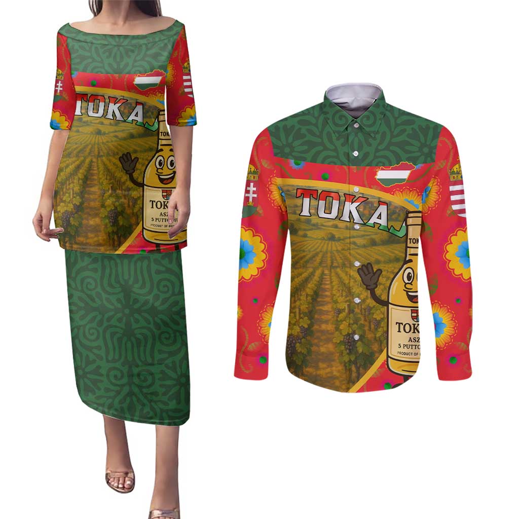 Hungary Couples Matching Puletasi and Long Sleeve Button Shirt with Tokaj Vineyard Illustration Design and Grape Wine - Wonder Print Shop