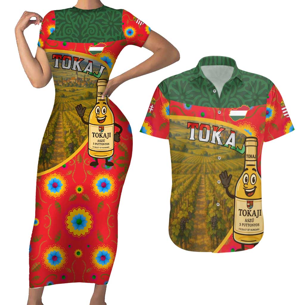 Hungary Couples Matching Short Sleeve Bodycon Dress and Hawaiian Shirt with Tokaj Vineyard Illustration Design and Grape Wine - Wonder Print Shop