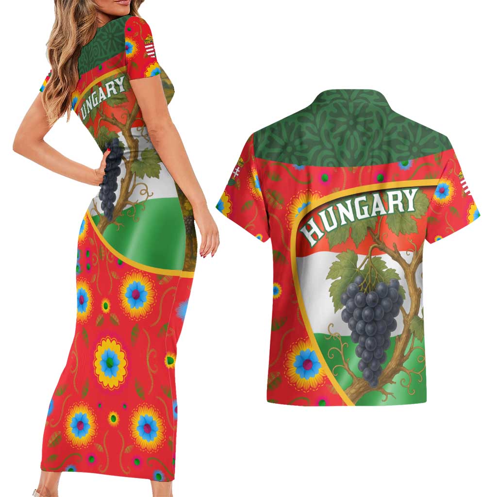 Hungary Couples Matching Short Sleeve Bodycon Dress and Hawaiian Shirt with Tokaj Vineyard Illustration Design and Grape Wine - Wonder Print Shop