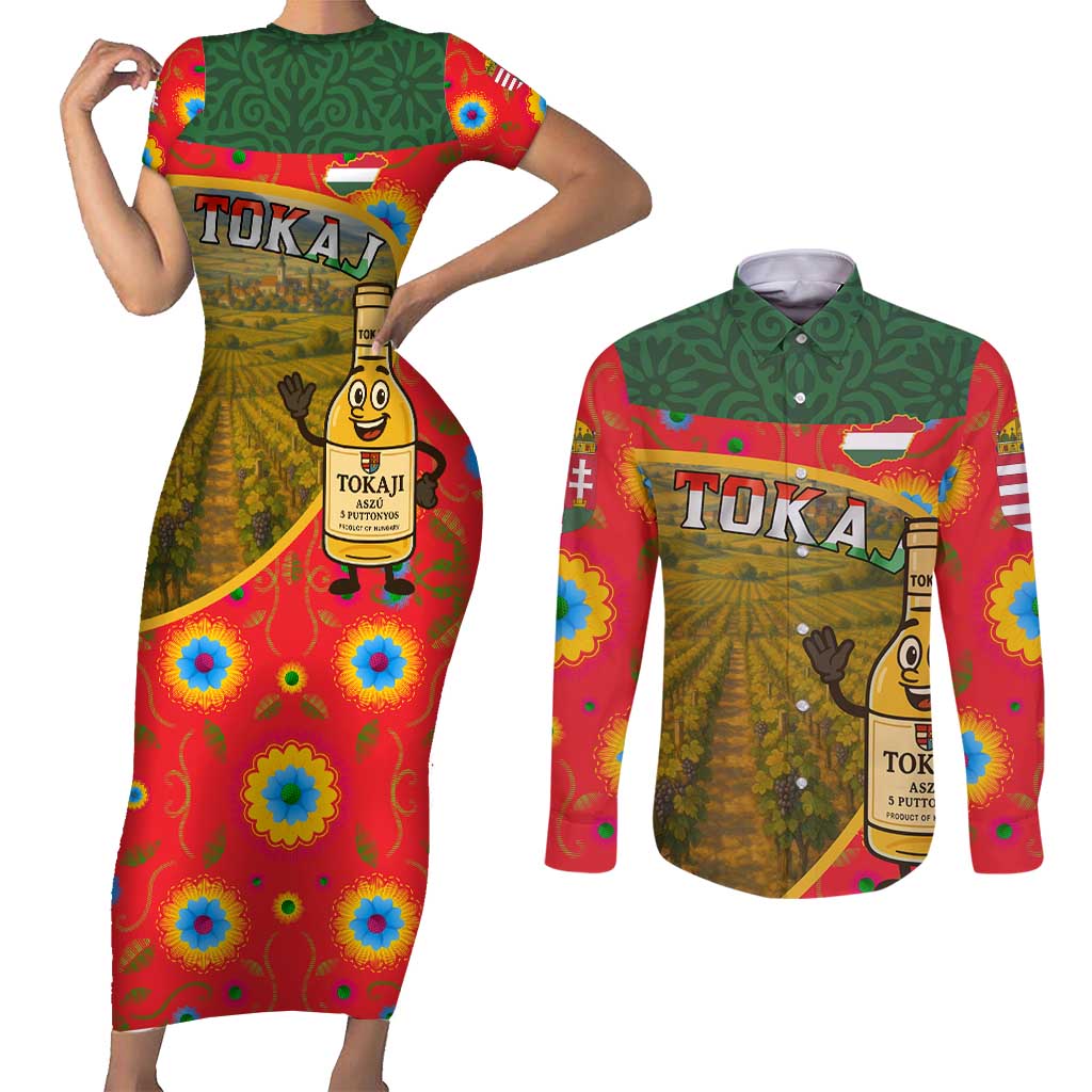 Hungary Couples Matching Short Sleeve Bodycon Dress and Long Sleeve Button Shirt with Tokaj Vineyard Illustration Design and Grape Wine - Wonder Print Shop