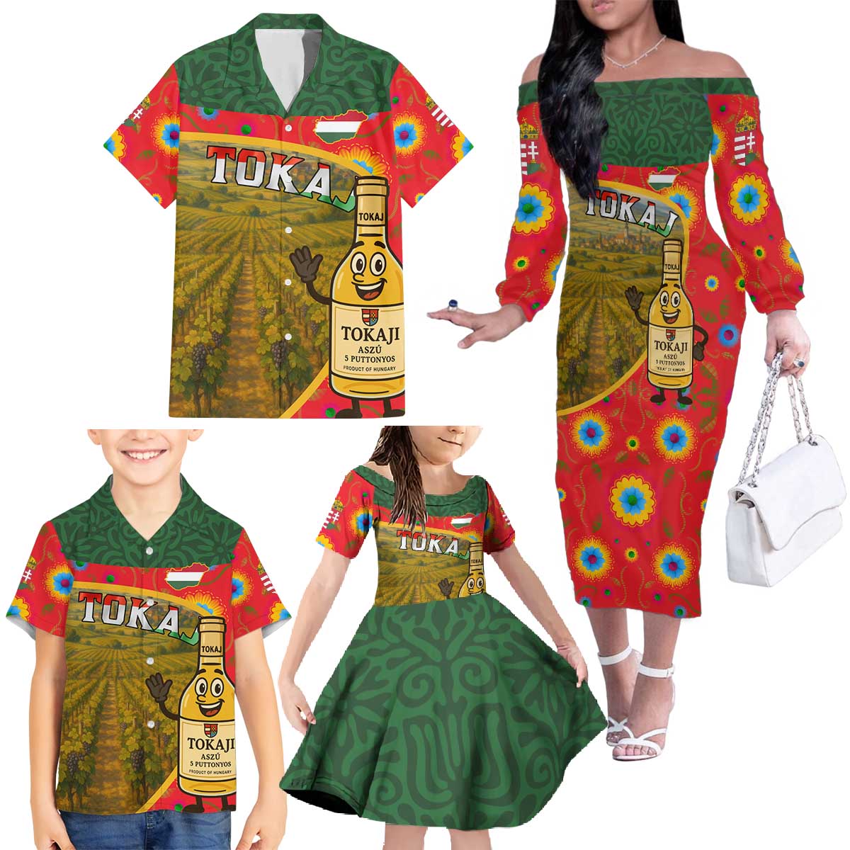 Hungary Family Matching Off The Shoulder Long Sleeve Dress and Hawaiian Shirt with Tokaj Vineyard Illustration Design and Grape Wine - Wonder Print Shop