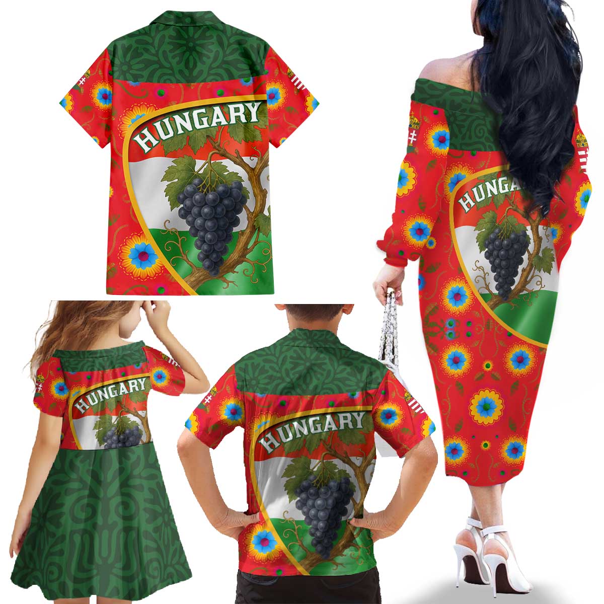 Hungary Family Matching Off The Shoulder Long Sleeve Dress and Hawaiian Shirt with Tokaj Vineyard Illustration Design and Grape Wine - Wonder Print Shop