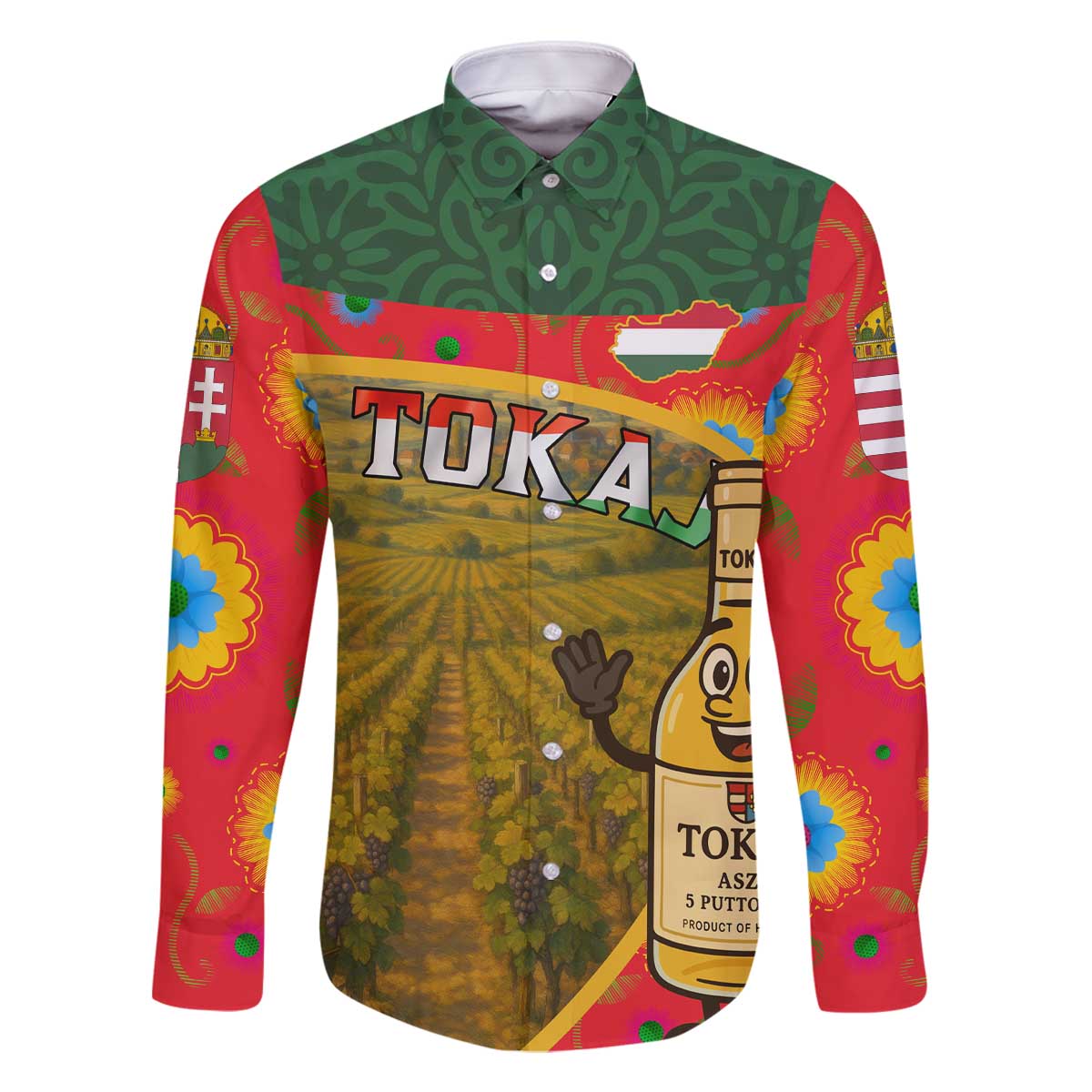 Hungary Family Matching Off The Shoulder Long Sleeve Dress and Hawaiian Shirt with Tokaj Vineyard Illustration Design and Grape Wine - Wonder Print Shop