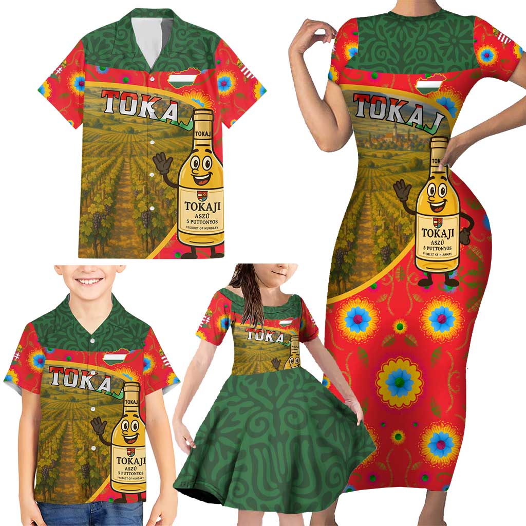 Hungary Family Matching Short Sleeve Bodycon Dress and Hawaiian Shirt with Tokaj Vineyard Illustration Design and Grape Wine - Wonder Print Shop