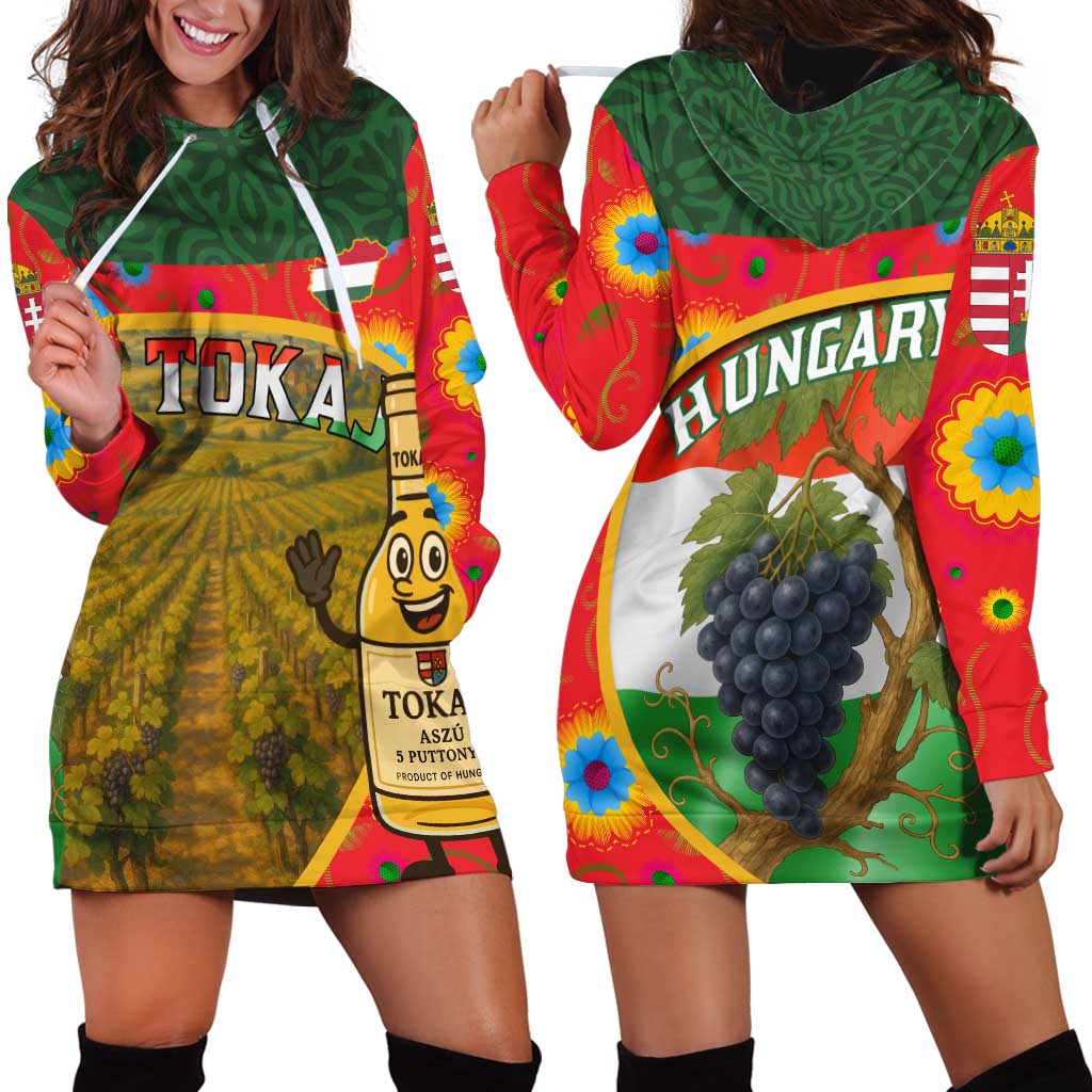 Hungary Hoodie Dress with Tokaj Vineyard Illustration Design and Grape Wine - Wonder Print Shop