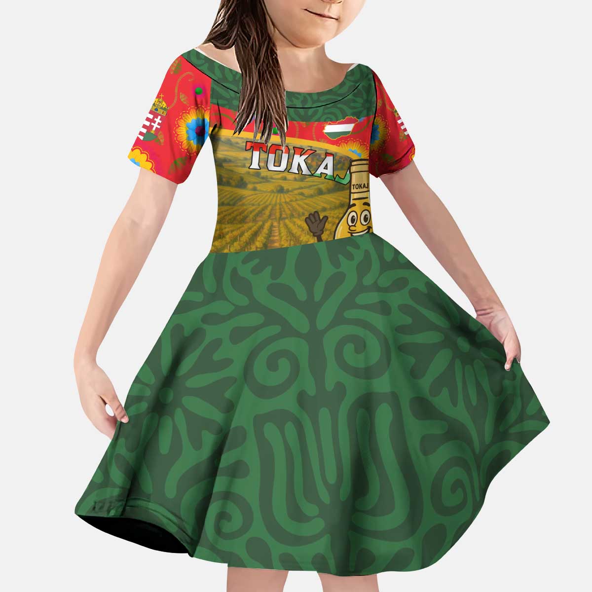 Hungary Kid Short Sleeve Dress with Tokaj Vineyard Illustration Design and Grape Wine - Wonder Print Shop