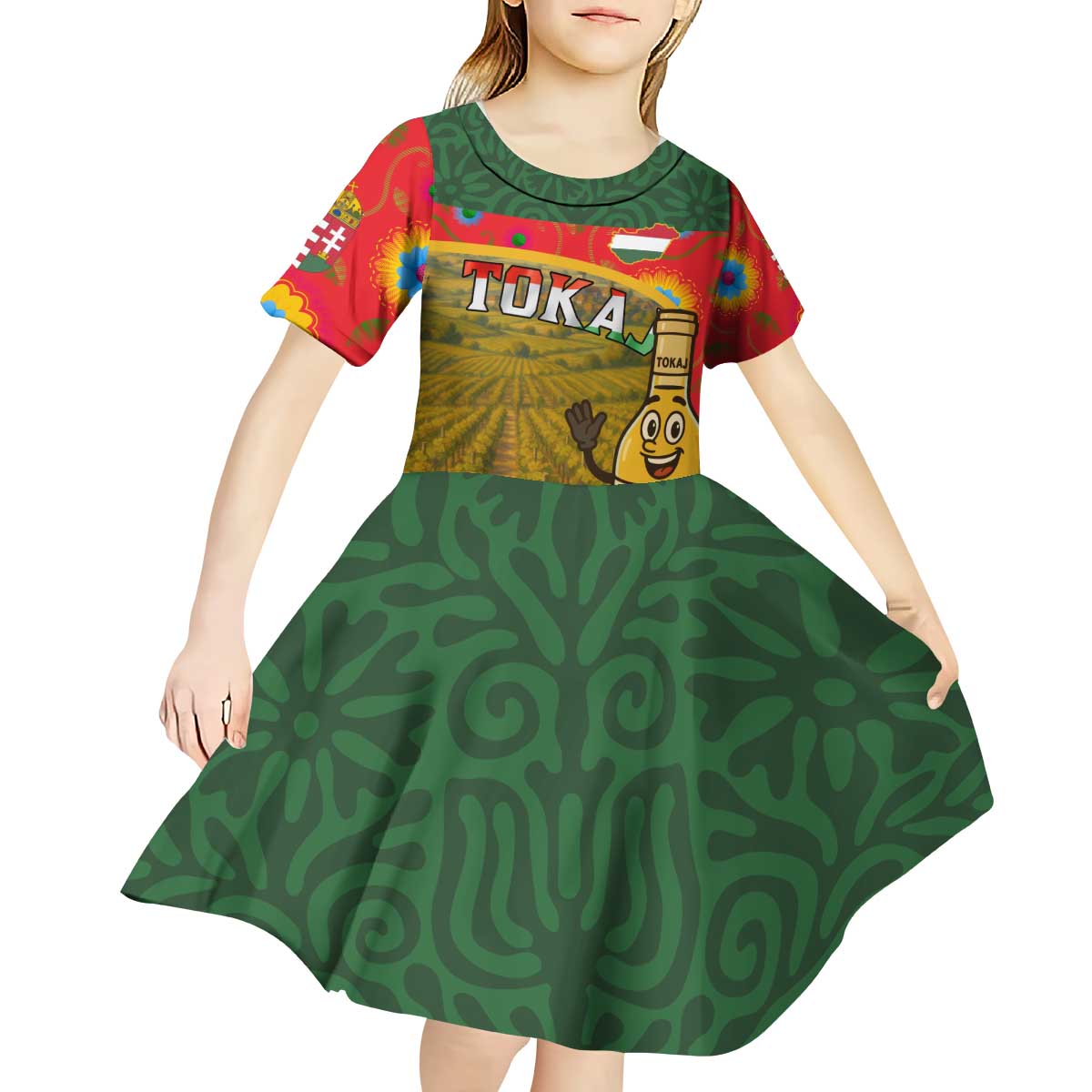 Hungary Kid Short Sleeve Dress with Tokaj Vineyard Illustration Design and Grape Wine - Wonder Print Shop