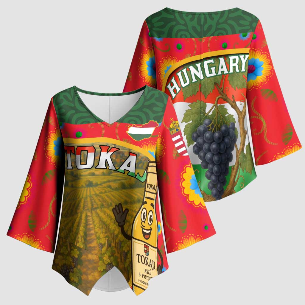 Hungary Kimono Sleeve Blouse with Tokaj Vineyard Illustration Design and Grape Wine - Wonder Print Shop