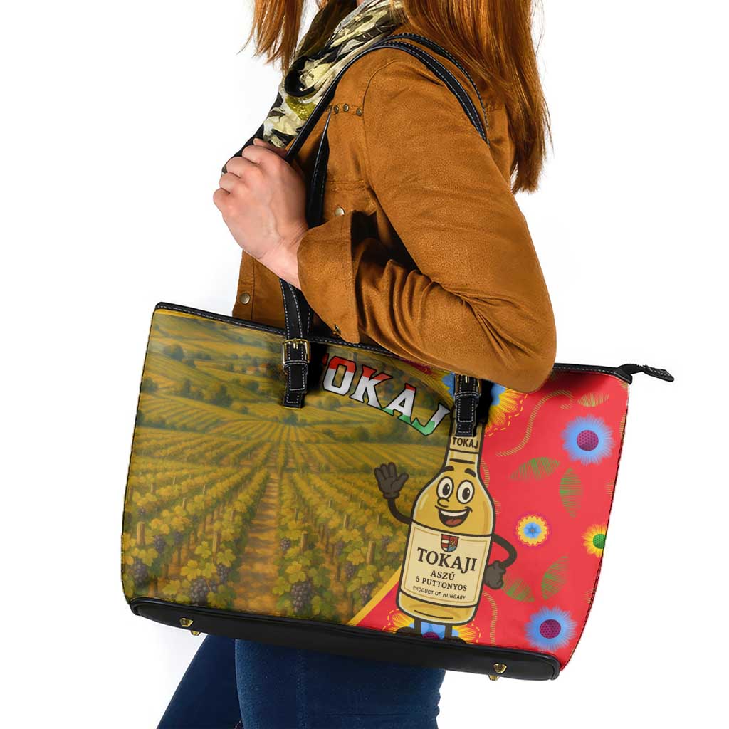 Hungary Leather Tote Bag with Tokaj Vineyard Illustration Design and Grape Wine - Wonder Print Shop