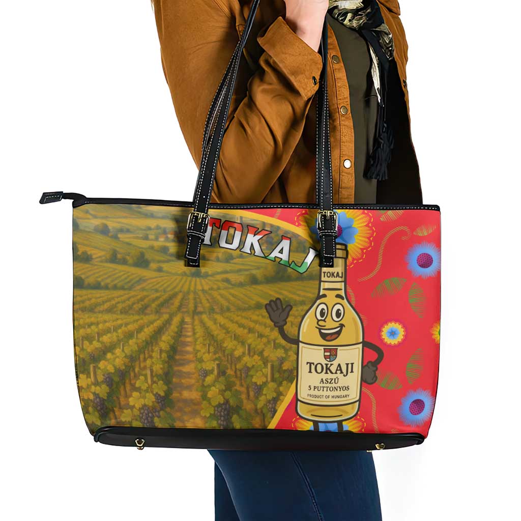 Hungary Leather Tote Bag with Tokaj Vineyard Illustration Design and Grape Wine - Wonder Print Shop