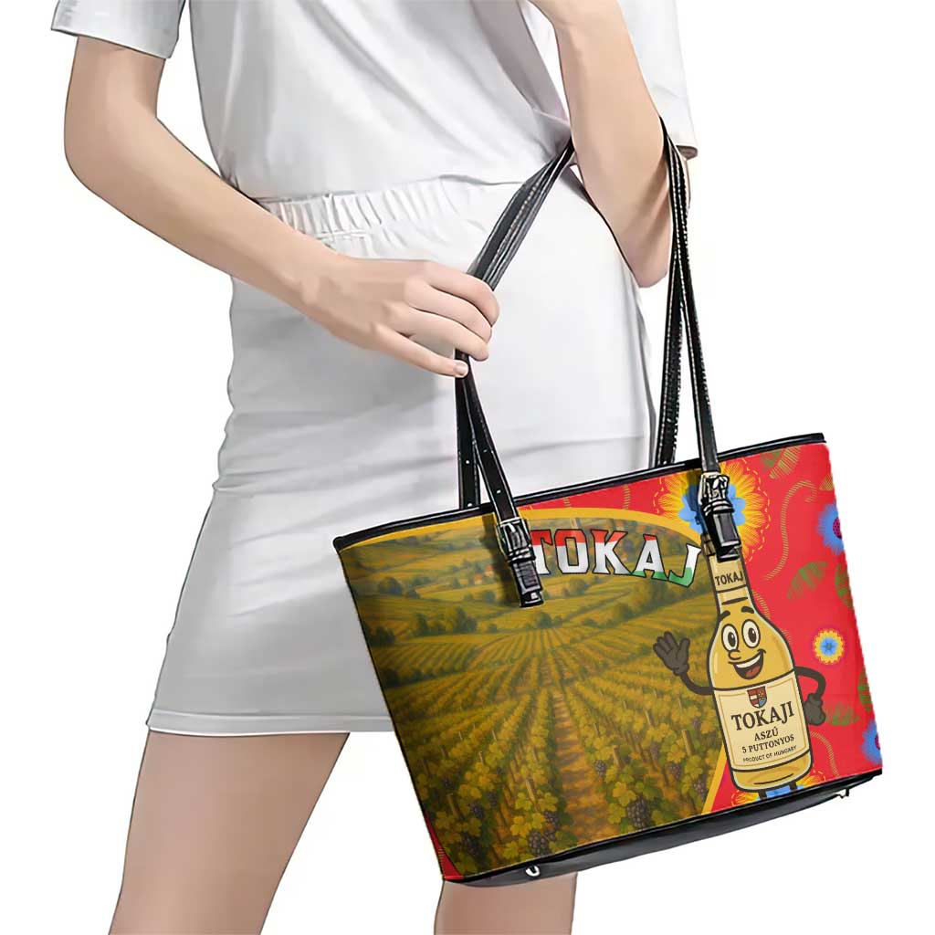 Hungary Leather Tote Bag with Tokaj Vineyard Illustration Design and Grape Wine - Wonder Print Shop
