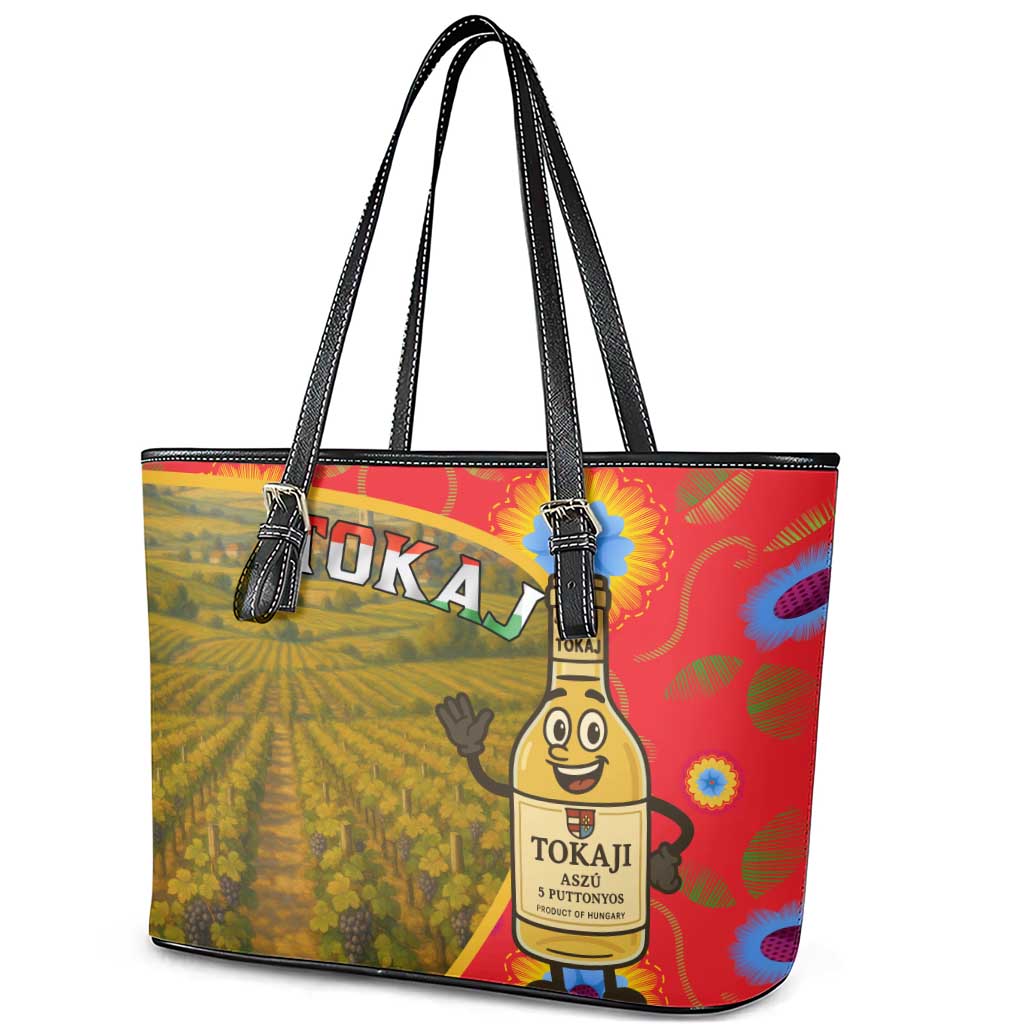 Hungary Leather Tote Bag with Tokaj Vineyard Illustration Design and Grape Wine - Wonder Print Shop