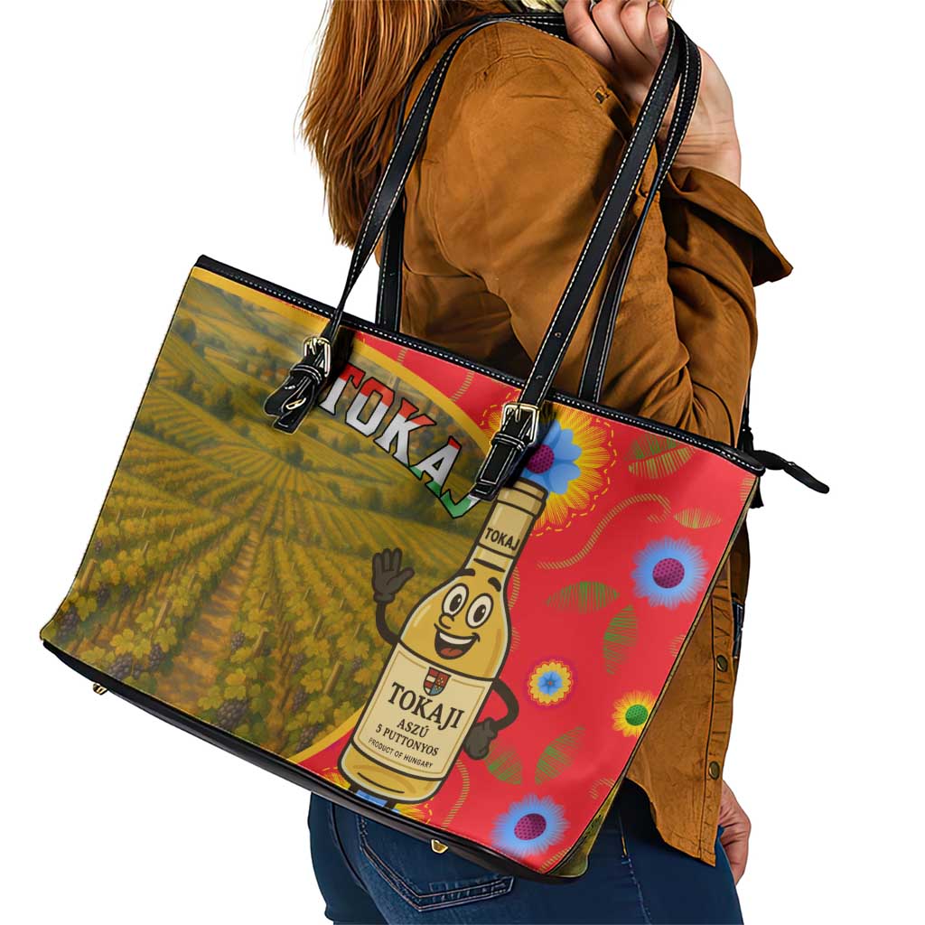 Hungary Leather Tote Bag with Tokaj Vineyard Illustration Design and Grape Wine - Wonder Print Shop