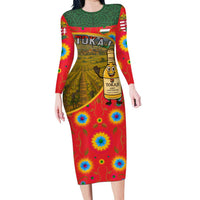 Hungary Long Sleeve Bodycon Dress with Tokaj Vineyard Illustration Design and Grape Wine - Wonder Print Shop