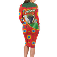 Hungary Long Sleeve Bodycon Dress with Tokaj Vineyard Illustration Design and Grape Wine - Wonder Print Shop