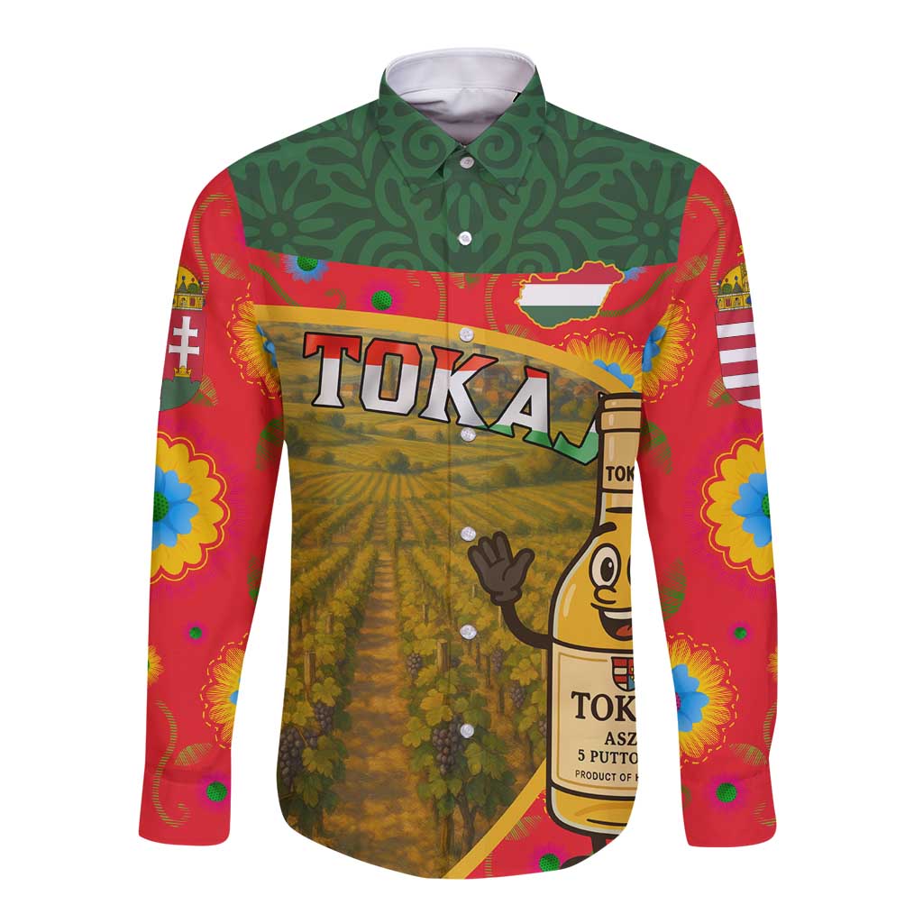 Hungary Long Sleeve Button Shirt with Tokaj Vineyard Illustration Design and Grape Wine - Wonder Print Shop