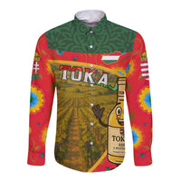 Hungary Long Sleeve Button Shirt with Tokaj Vineyard Illustration Design and Grape Wine - Wonder Print Shop